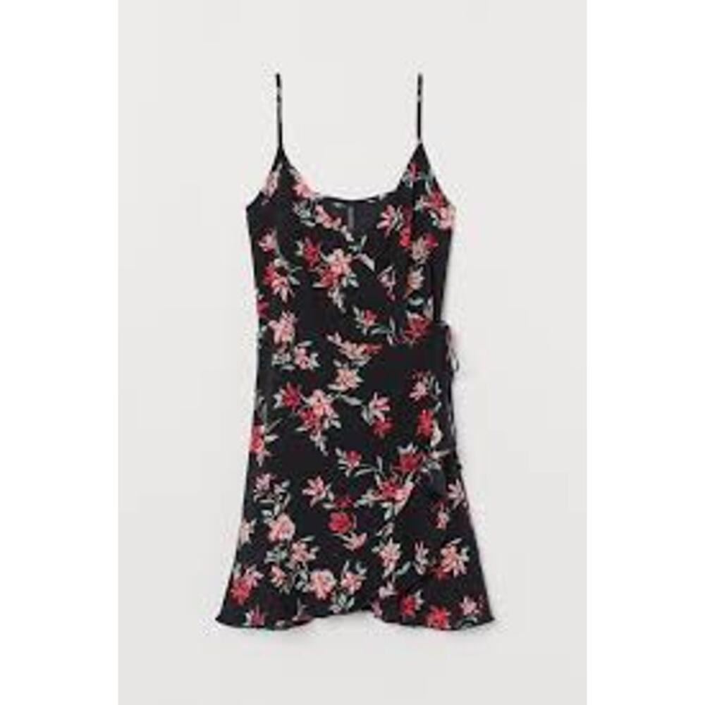 H&M Divided Flounced Wrap Dress Black Floral Mini Size 4 Small S FEMININE SUMMER